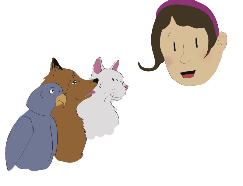 Lilo the dog, Maya the cat, Smokey the bird, and Annette smiling together.