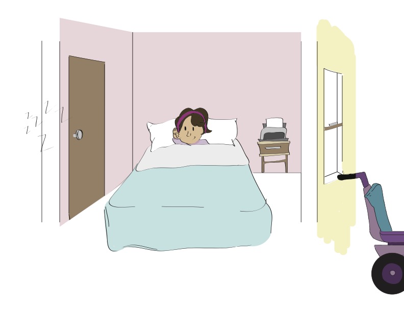 Annette asleep in bed with her wheelchair near the window.