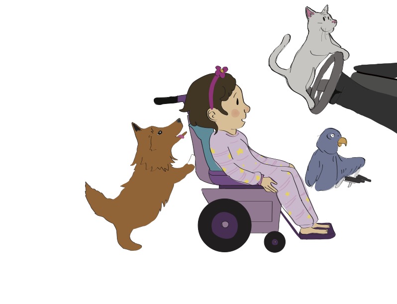 Annette in her wheelchair with Lilo, Maya, Smokey, and a steering wheel.
