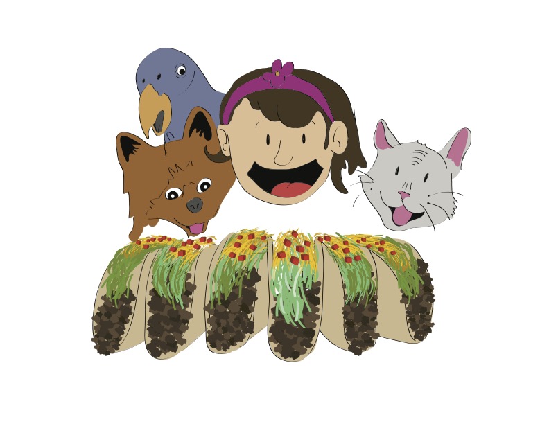 Annette, Lilo, Maya, and Smokey smiling behind a row of tacos.