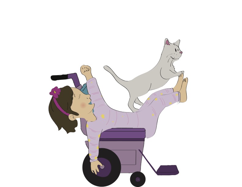 Annette leaning back in her wheelchair while Maya the cat walks near her feet.