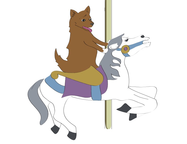 Lilo the dog riding a carousel horse.