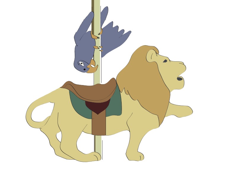 Smokey the bird hanging upside down from a carousel pole beside a lion.
