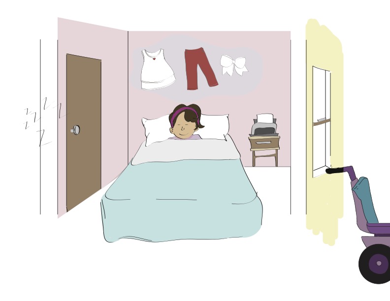 Annette asleep in bed while dreaming about clothes.