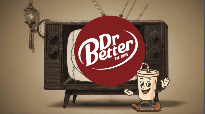 DrBetter broadcast still with logo and illustrated drink character