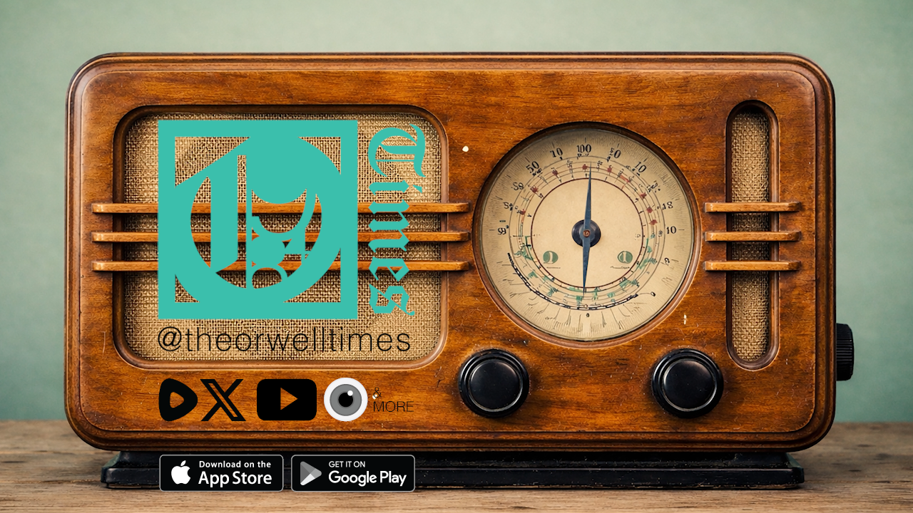 The Orwell Times radio-style video thumbnail with logo, social icons, and app store badges